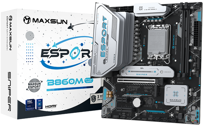 MAXSUN MS-eSport B860M SNIPER WIFI, LGA1851, B860, 2*DDR5, 3*SATA3, 3*M.2, USB 3.2, USB 2.0, 1*PCIEx16, 1*PCIex4, 1*PCIex1, HDMI+DP, mATX