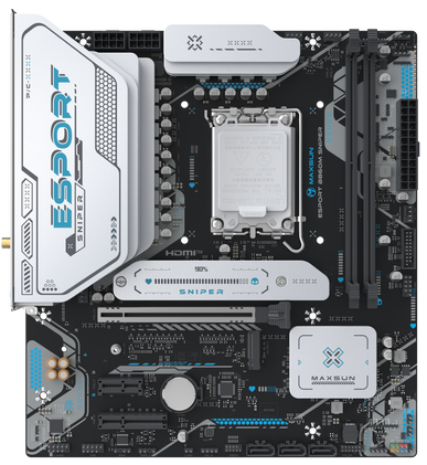 MAXSUN MS-eSport B860M SNIPER WIFI, LGA1851, B860, 2*DDR5, 3*SATA3, 3*M.2, USB 3.2, USB 2.0, 1*PCIEx16, 1*PCIex4, 1*PCIex1, HDMI+DP, mATX