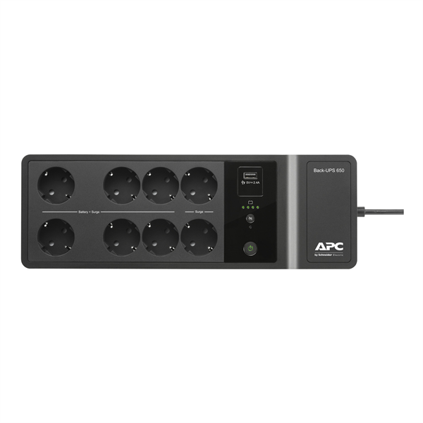 Источник бесперебойного питания APC Back-UPS ES 650VA/400W, 230V, 8 Schuko (2 Surge & 6 batt.), USB, USB charge(type A), Data/DSL protection,(BE650G2-RS analogue), 1 year warranty (незначительное повреждение коробки)