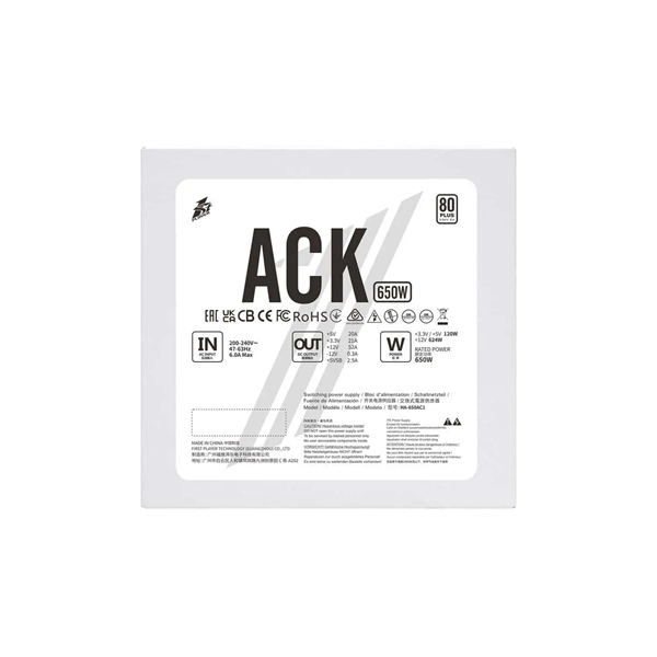 1STPLAYER ACK STANDARD 650W White / ATX 2.4, APFC, 80 PLUS Standard, Double Forward, Teapo main cap, 140mm fan, non-modular / HA-650AC1-WH