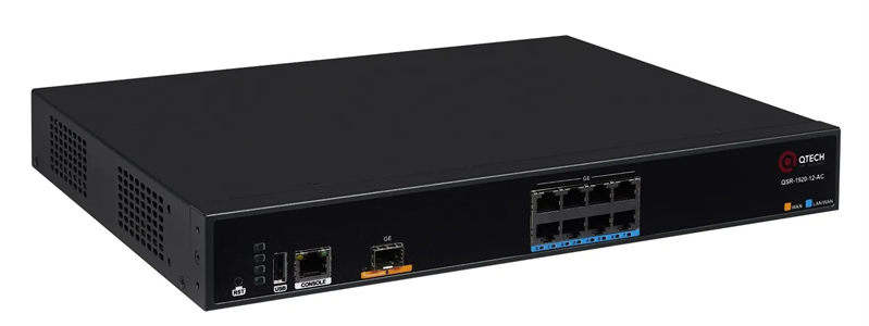 QTECH Мультисервисный маршрутизатор, 1 порт 1000Base-X (SFP) WAN, 8 портов 10/100/1000Base-T LAN, 2 слота для модулей расширения MX9, встроенный БП (после тестирования)