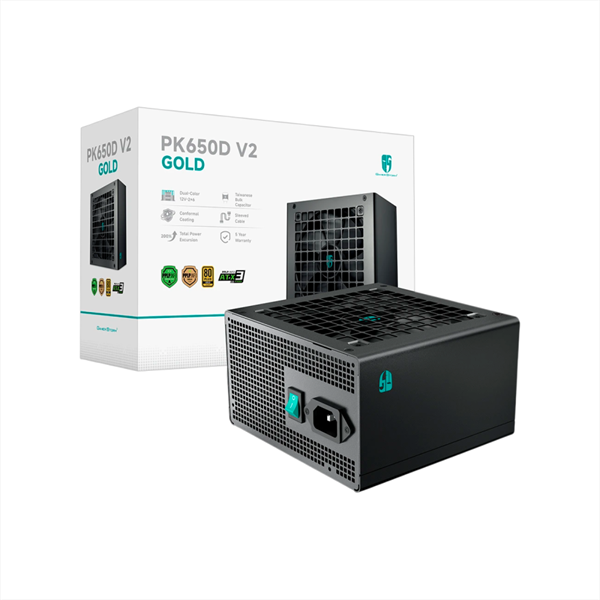 Deepcool GAMERSTORM PK650D V2 (ATX 3.1, 650W, PWM 120mm fan, 80+ GOLD, Active PFC + Half Bridge SRC LLC + DC/DC, Gen5 PCIe) RET