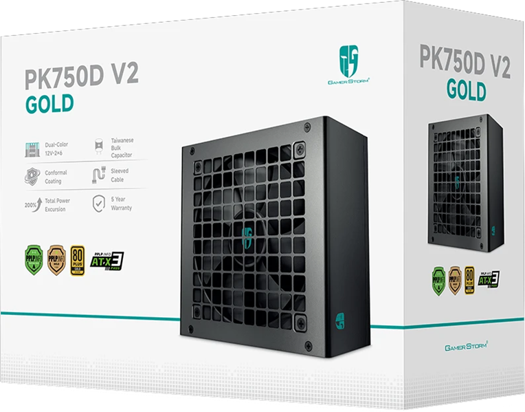 Deepcool GAMERSTORM PK750D V2 (ATX 3.1, 750W, PWM 120mm fan, 80+ GOLD, Active PFC + Half Bridge SRC LLC + DC/DC, Gen5 PCIe) RET