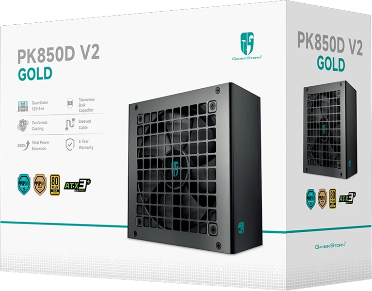 Deepcool GAMERSTORM PK850D V2 (ATX 3.1, 850W, PWM 120mm fan, 80+ GOLD, Active PFC + Half Bridge SRC LLC + DC/DC, Gen5 PCIe) RET
