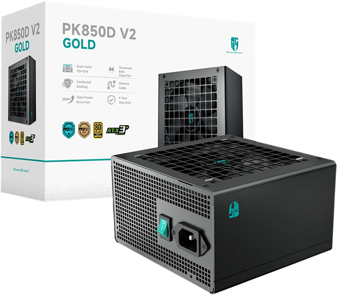 Deepcool GAMERSTORM PK850D V2 (ATX 3.1, 850W, PWM 120mm fan, 80+ GOLD, Active PFC + Half Bridge SRC LLC + DC/DC, Gen5 PCIe) RET